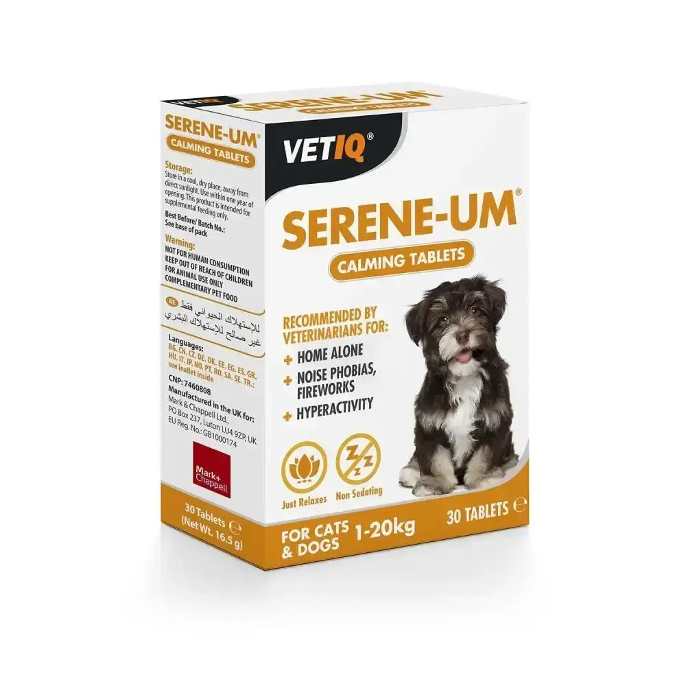 White and orange box of Vetiq Serene-Um calming tablets natural dietary supplement for cats and dogs with black and white puppy image
