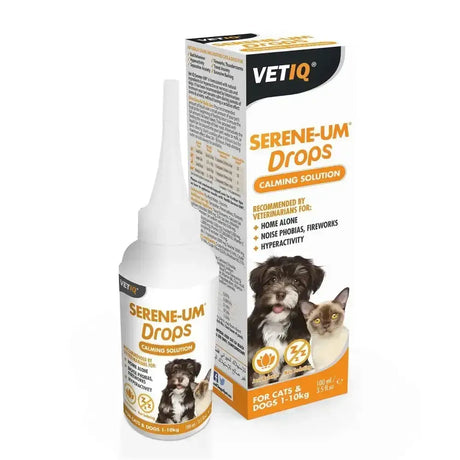 White plastic bottle of vetiq serene-um drops calming solution with narrow nozzle for cats and dogs up to 10kg