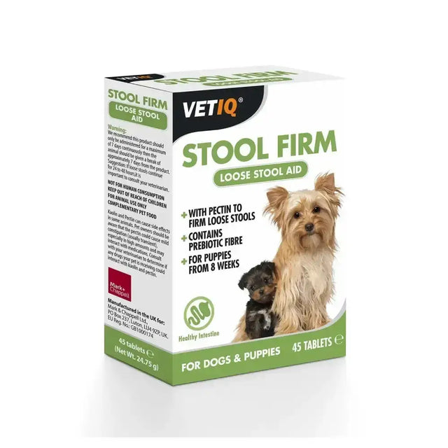 Vetiq stool firm white and green box with stool firm tablets for dogs and puppies with loose stools showing yorkshire terrier and puppies