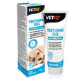 White tube of vetiq teething gel with blue and black labeling for puppies teeth from 4 weeks old