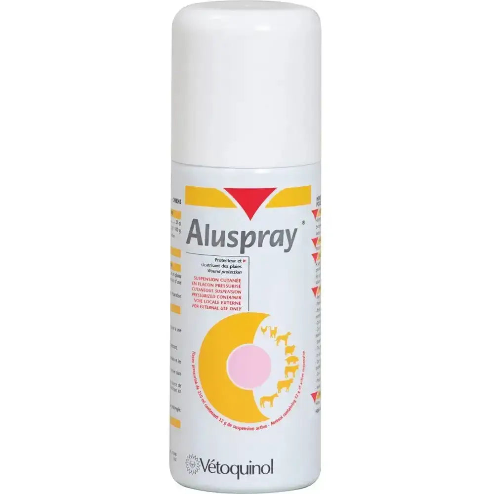White vetoquinol aluspray aerosol can with yellow red label showing animal silhouettes and waterproof aluminium barrier