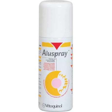 White vetoquinol aluspray aerosol can with yellow red label showing animal silhouettes and waterproof aluminium barrier