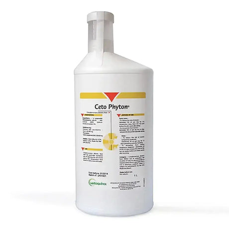White plastic bottle of vetoquinol ceto phyton veterinary feed supplement for twin lamb disease with sylibum marianum