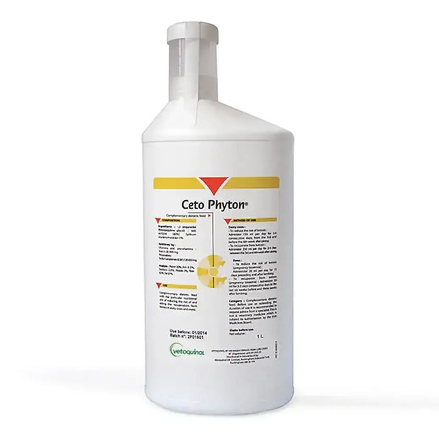 White plastic bottle of vetoquinol ceto phyton veterinary feed supplement for twin lamb disease with sylibum marianum