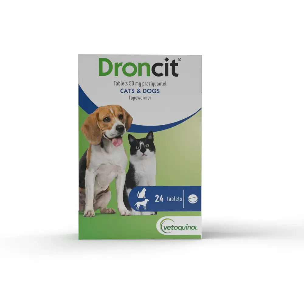 Green and white box of vetoquinol droncit tablets 50mg for cats and dogs with beagle and black and white cat images for adult tapeworms treatment