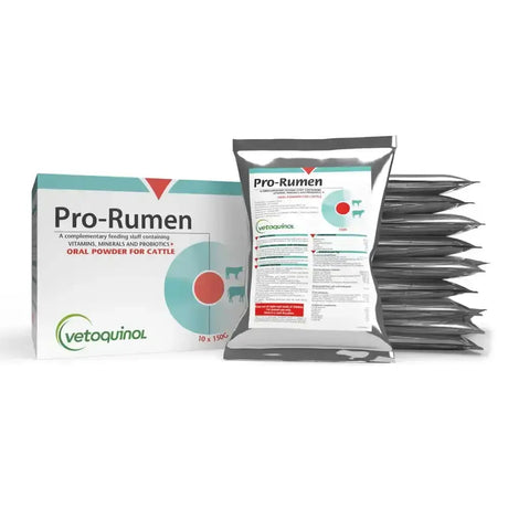 Vetoquinol pro-rumen oral powder in silver foil pouch with teal and white label for ruminal stasis and protein poisoning in cattle