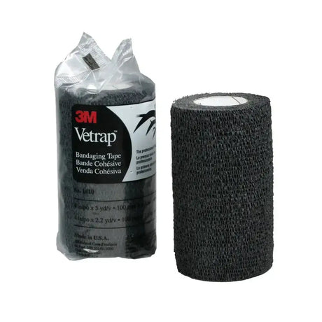 Black 3m vetrap 10cm bandage pack with cohesive wrap unrolled to show textured adhesive for small animals