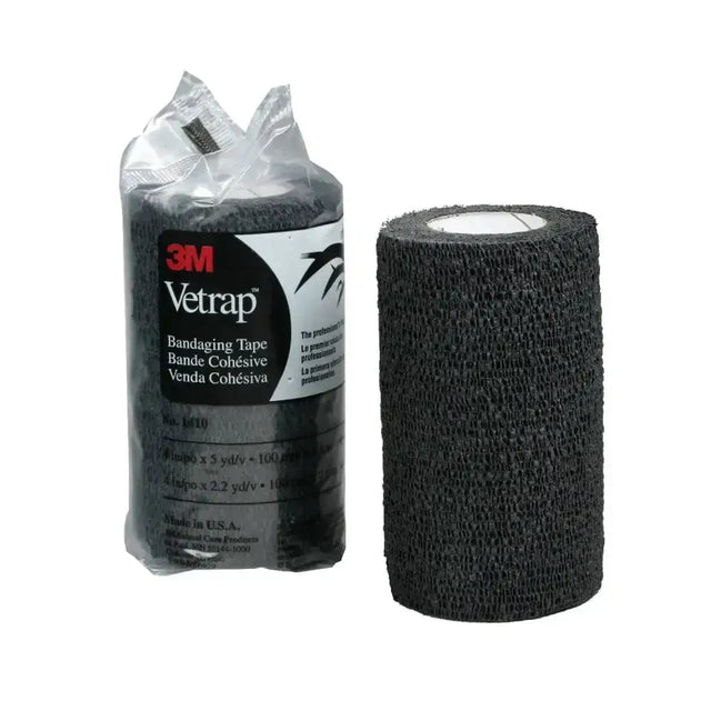 Black 3m vetrap 10cm bandage pack with cohesive wrap unrolled to show textured adhesive for small animals