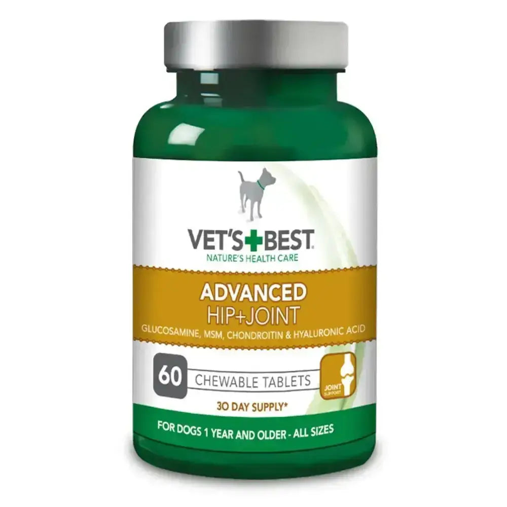 Green plastic bottle with silver cap and white label for vets best advanced hip & joint tablets to ease joint discomfort