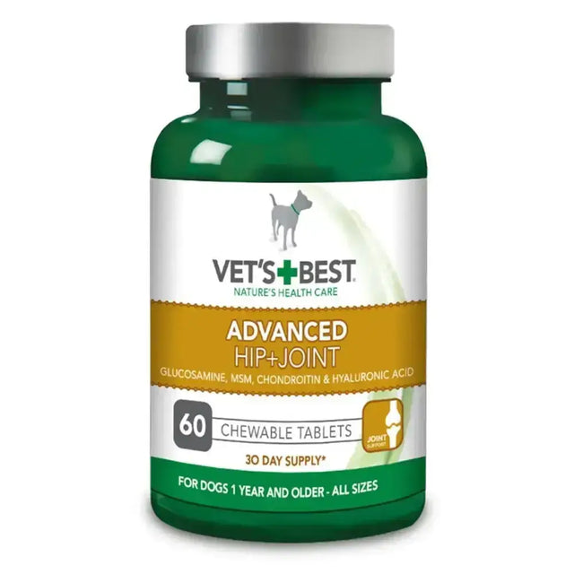 Green plastic bottle with silver cap and white label for vets best advanced hip & joint tablets to ease joint discomfort