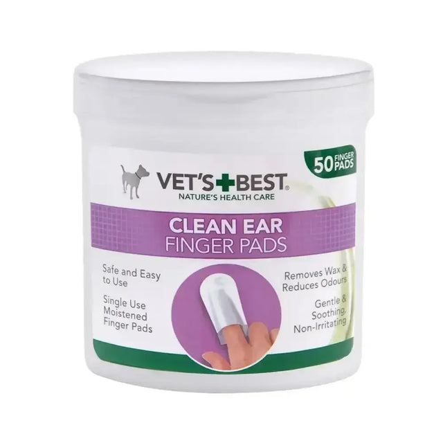 White plastic container of vets best clean ear finger pads with purple and green labeling for easy ear cleaning