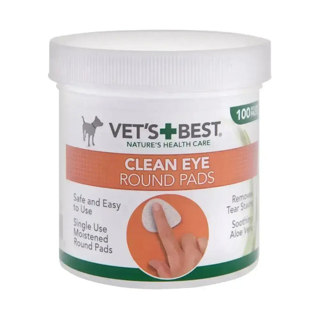 White plastic container of vets best clean eye round pads with 100 single-use moistened pads for pets eye round pads cleansing