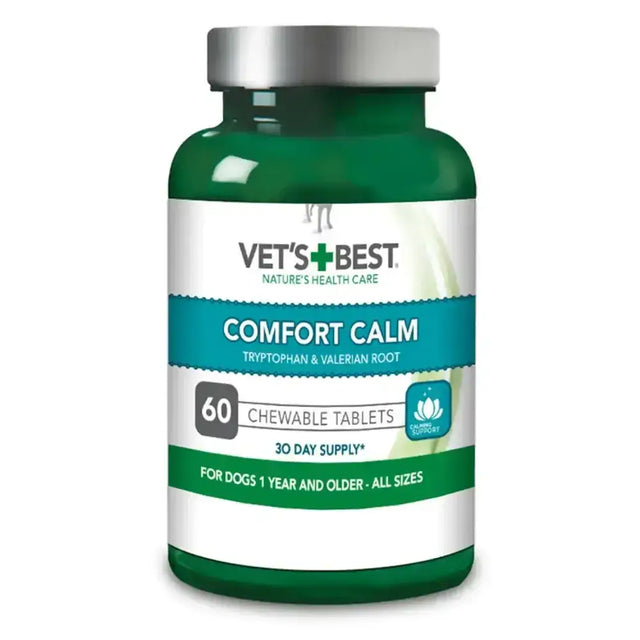 Green plastic bottle with silver cap and white label for vets best comfort calm highly palatable comfort calm tablets for dogs