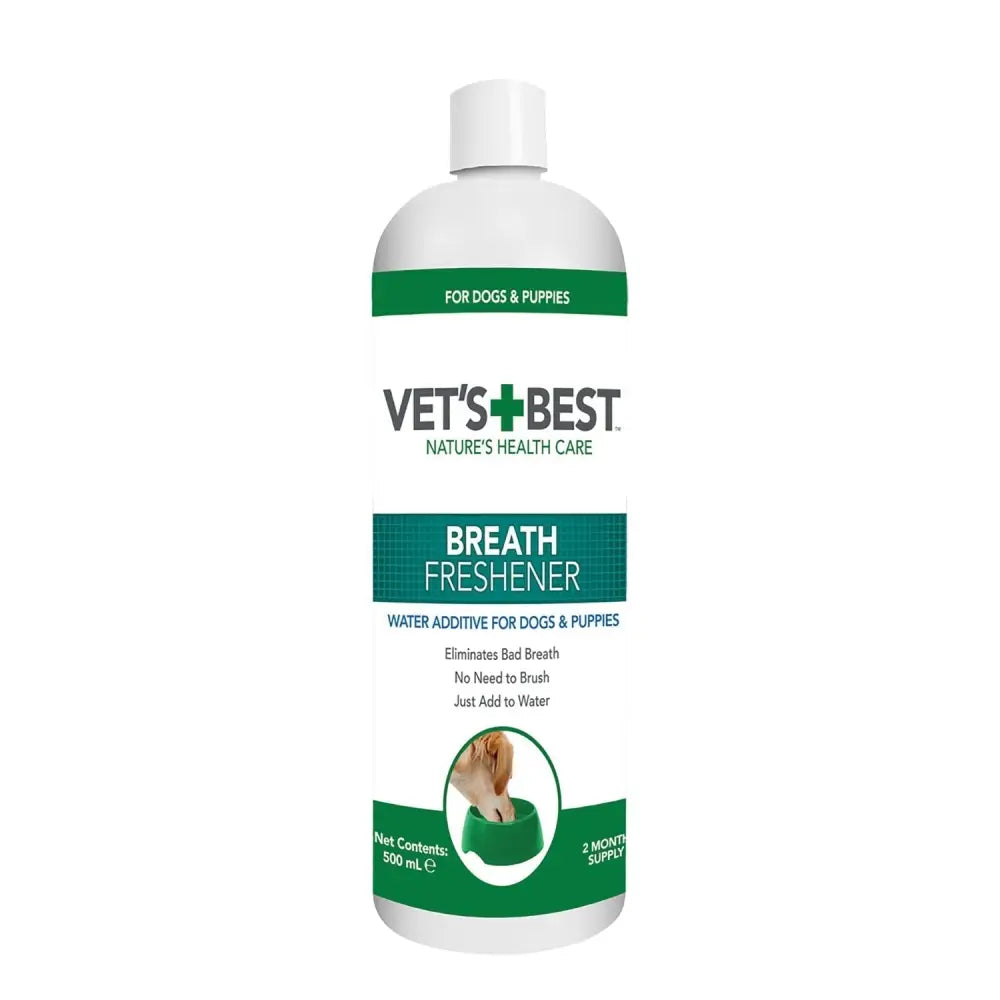 White plastic bottle with green labeling and white cap for vets best dental breath freshener to improve pets breath