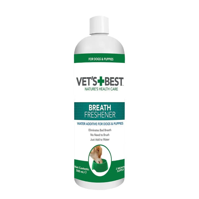 White plastic bottle with green labeling and white cap for vets best dental breath freshener to improve pets breath
