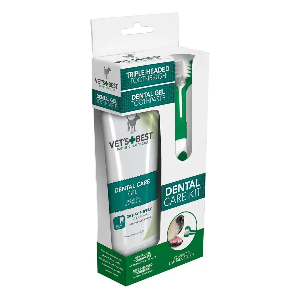 Vets best dental care kit for dogs with white dental gel toothpaste and green toothbrush featuring three bristle heads to make brushing fast