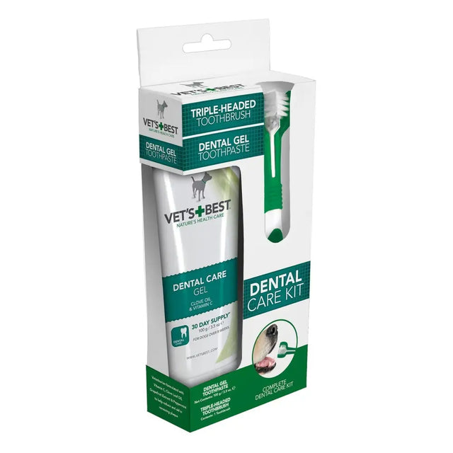 Vets best dental care kit for dogs with white dental gel toothpaste and green toothbrush featuring three bristle heads to make brushing fast