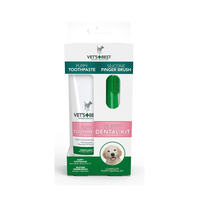 Vets best dental care kit for puppies with white tasty toothpaste tube and green silicone finger brush for cleaning teeth