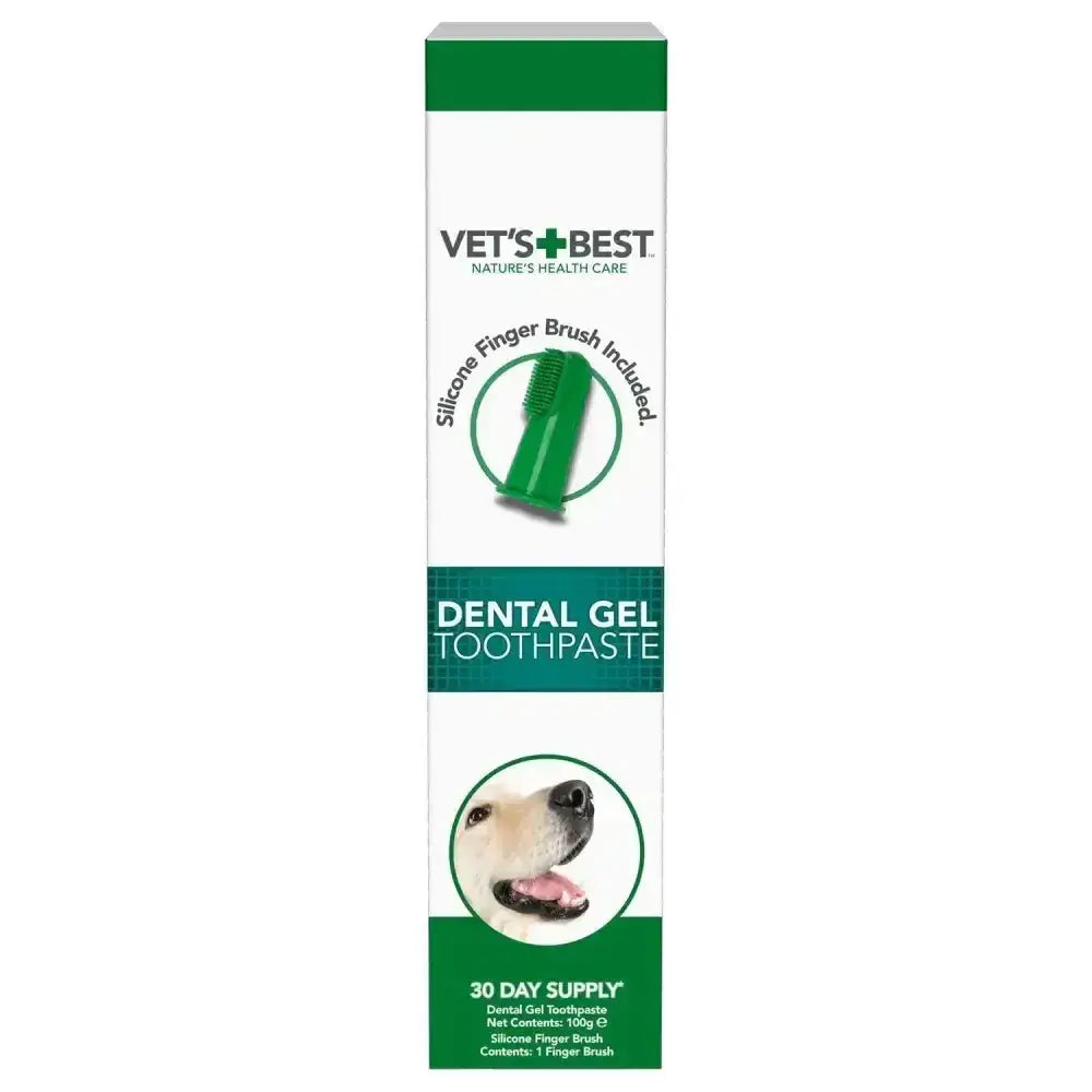 Green and white tube of vets best dental gel for dogs with a silicone finger brush for dogs highly palatable care
