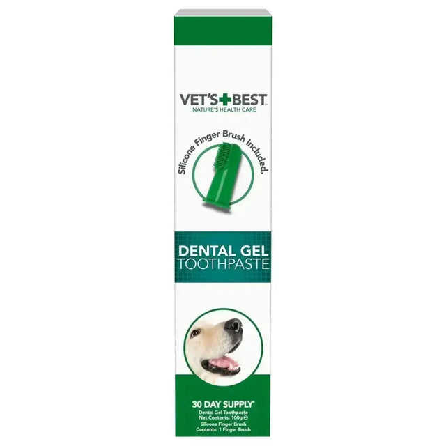 Green and white tube of vets best dental gel for dogs with a silicone finger brush for dogs highly palatable care