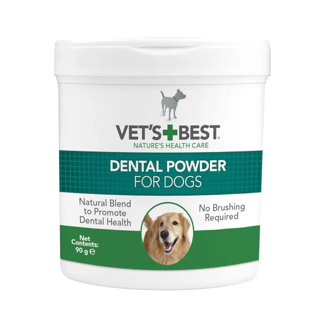 White vet’s best dental powder container for dogs with brown seaweed and golden retriever on green label