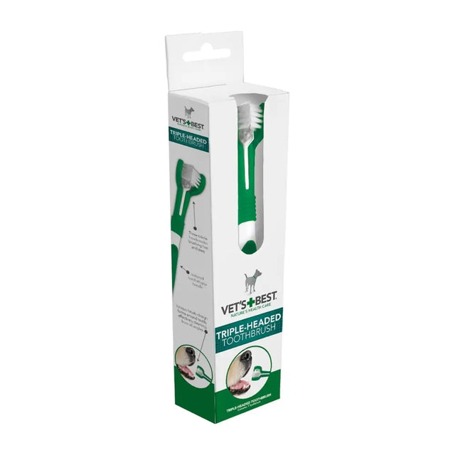 Vets best triple headed toothbrush for dogs in green and white retail packaging for effectively cleaning teeth