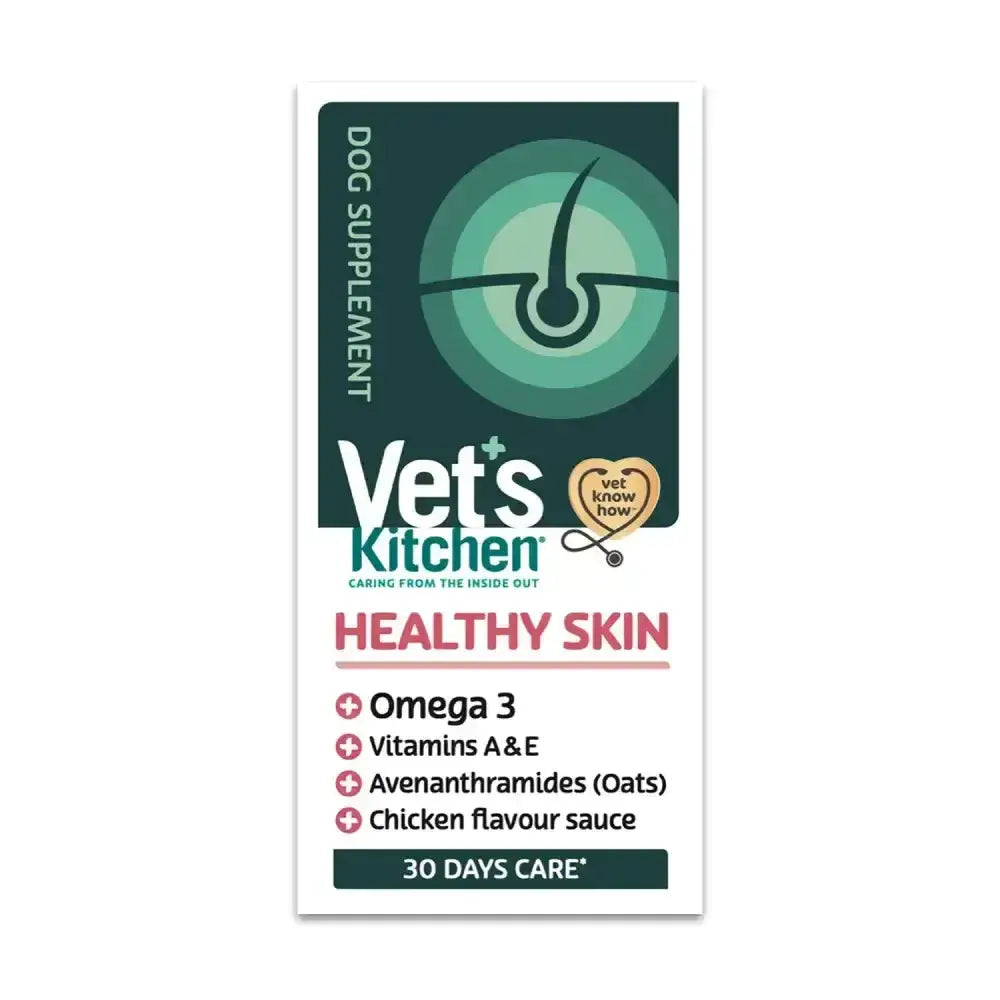 Vet’s Kitchen healthy skin omega 3 & oats supplement in green white pack with delicious chicken flavoured squeezy bottle makes dosing easy