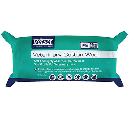 Vetset cotton wool 500g in teal and navy blue packaging made of premium quality fibres with highly absorbent cotton