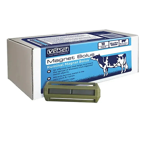 Olive green plastic vetset magnet bolus for cattle designed to attract and remove ferrous metal from the rumen