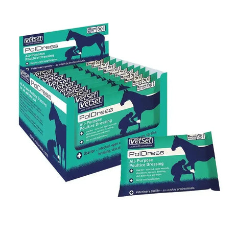 Teal and navy blue vetset poldress poultice dressing in specific horseshoe shape for equine foot poulticing