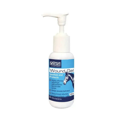 White plastic bottle of vetset wound healing gel with pump dispenser and blue horse label, effective wound gel for pets