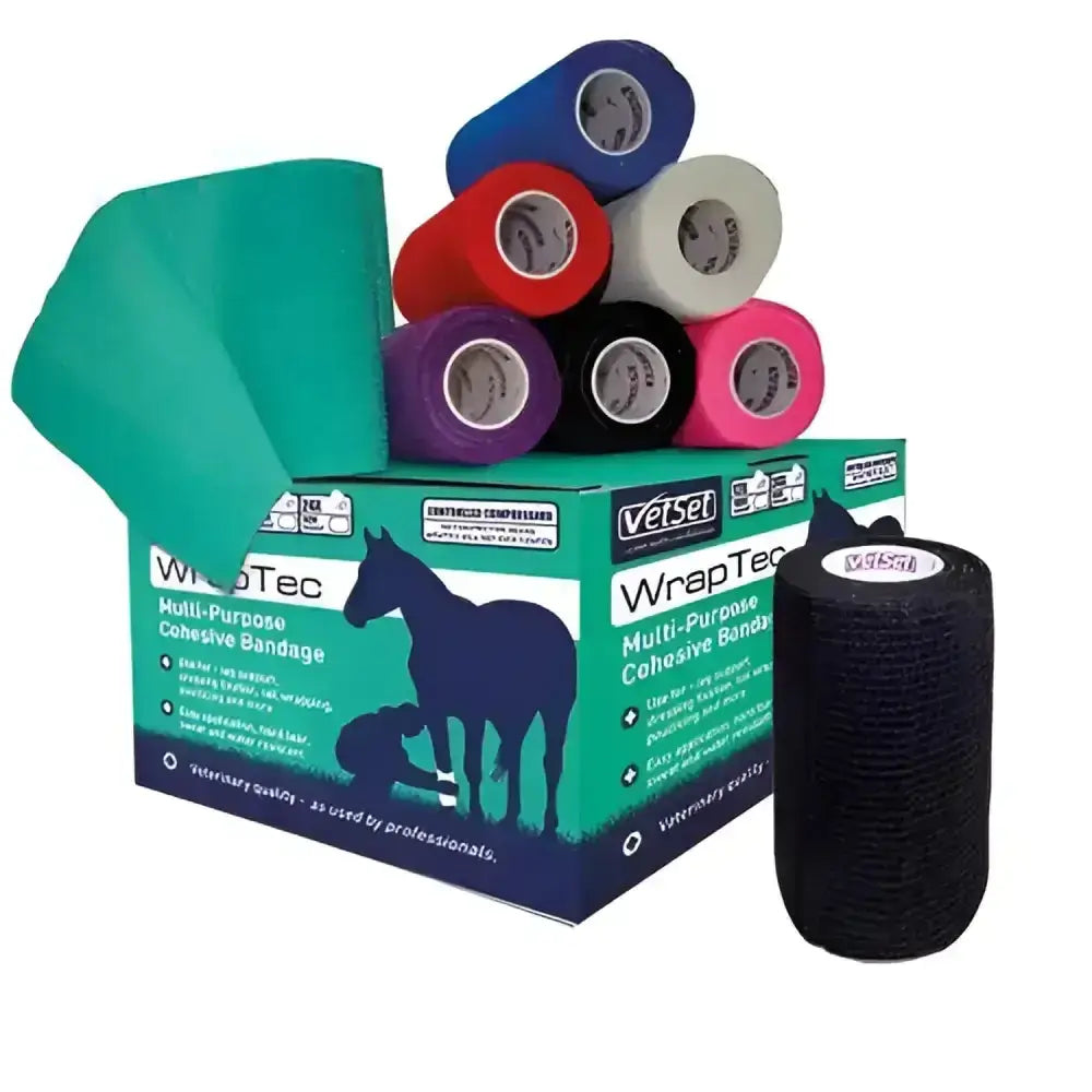 A box of vetset wraptec cohesive self-adhering bandage in vibrant green blue red purple black and pink colors