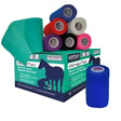 A box of vetset wraptec cohesive multi purpose self adhering bandage rolls in vibrant blue red purple black and pink