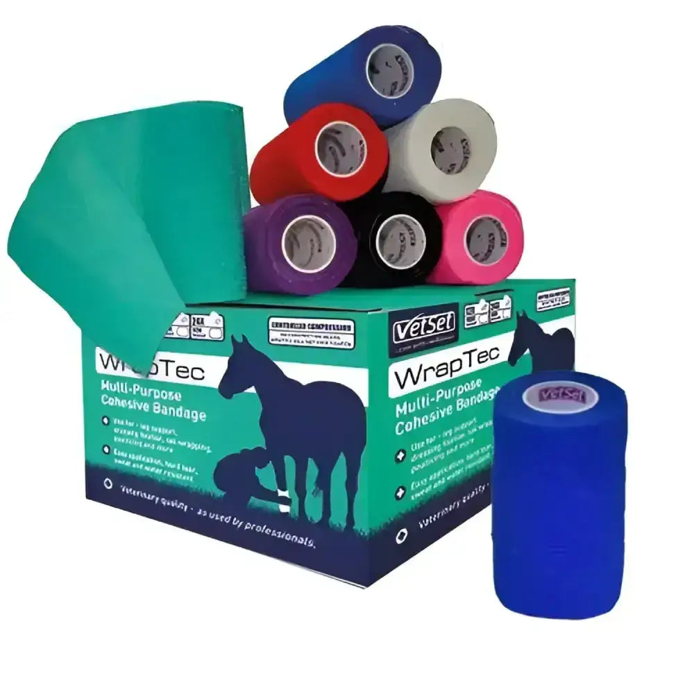 A box of vetset wraptec cohesive multi purpose self adhering bandage rolls in vibrant blue red purple black and pink