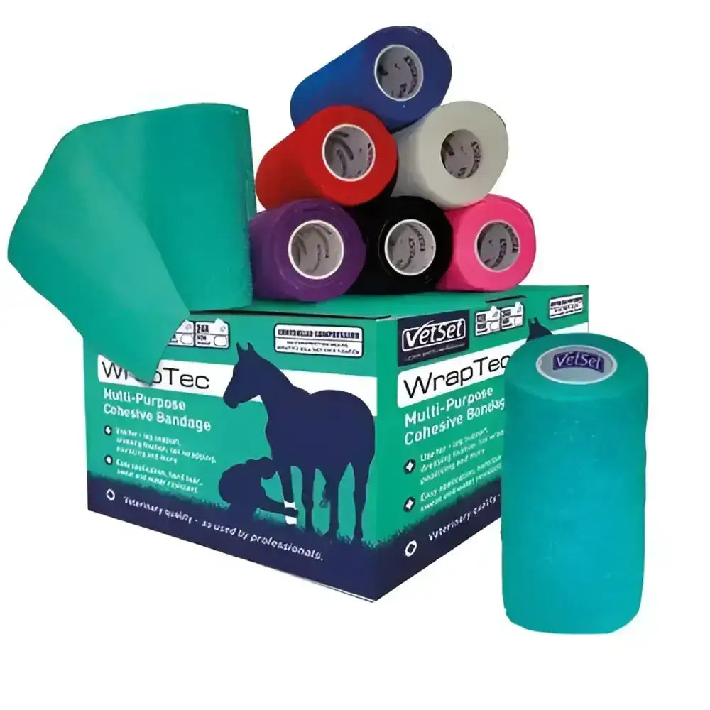 Teal vetset wraptec cohesive self-adhering bandage rolls in a box with assorted colors for multipurpose use