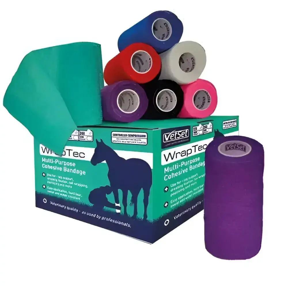 A vibrant purple vetset wraptec cohesive self-adhering bandage designed for veterinary use with durable adhesive