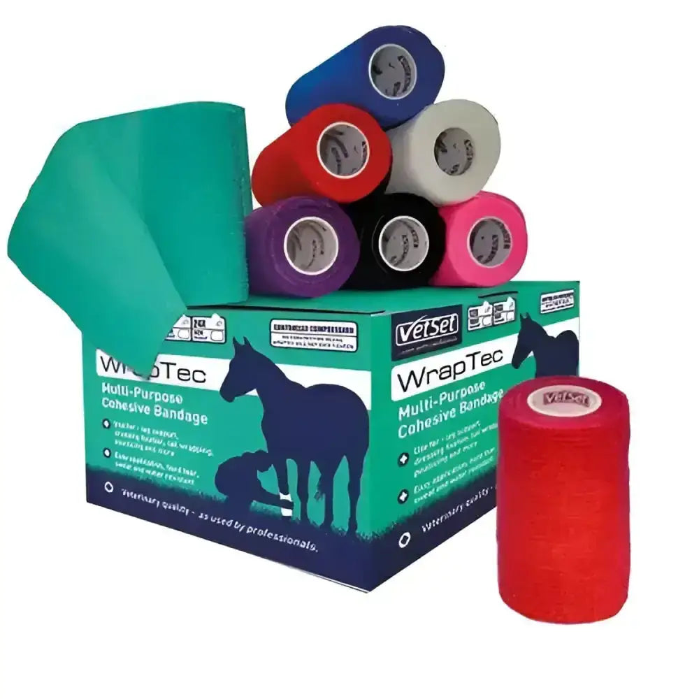 A vibrant red vetset wraptec cohesive self-adhering bandage with a textured surface for easy use and identification