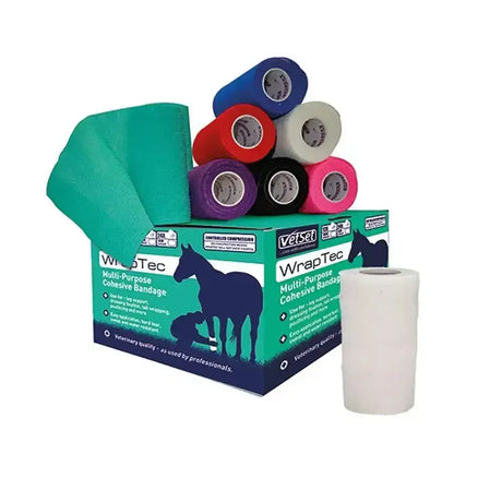 A box of vetset wraptec cohesive self-adhering bandage rolls in vibrant blue red purple black and pink colors