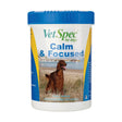 White vetspec calm cylindrical container with blue lid and label featuring red setter dog to ease separation anxiety and loud noises