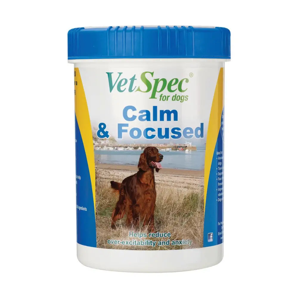 White vetspec calm cylindrical container with blue lid and label featuring red setter dog to ease separation anxiety and loud noises