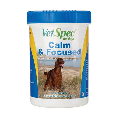 White vetspec calm cylindrical container with blue lid and label featuring red setter dog to ease separation anxiety and loud noises