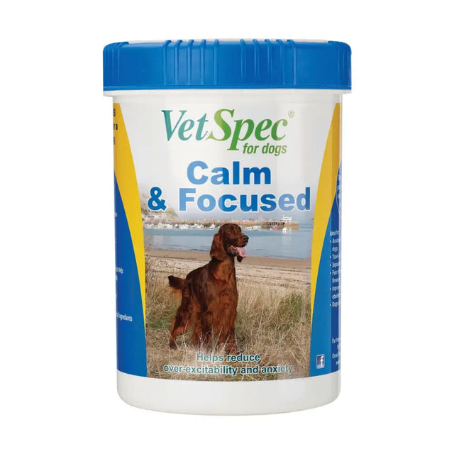 White vetspec calm cylindrical container with blue lid and label featuring red setter dog to ease separation anxiety and loud noises