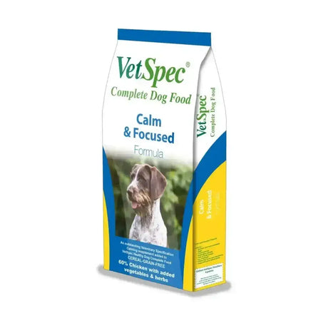 Vetspec calm and focused dog supplement in a blue and yellow bag with a german shorthaired pointer image and focused formula