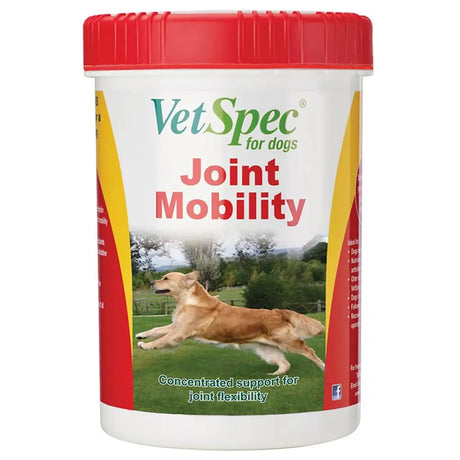 Vetspec joint supplement in a white container with red lid supports joint flexibility and natural anti-inflammatory process
