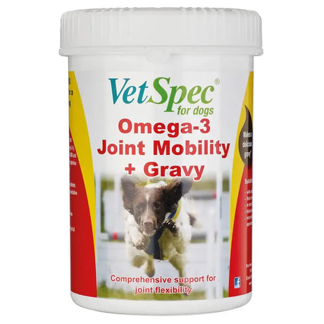 White plastic container with white ribbed lid labeled vetspec omega 3 joint mobility veterinary grade nutritional for dogs
