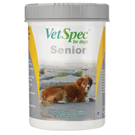 White cylindrical vetspec senior dog supplement container with gray lid and yellow accents for seniors specifically formulated with extra micronutrients needed