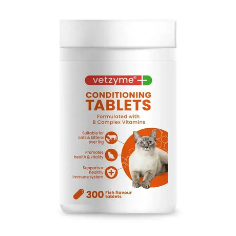 White cylindrical container of vetzyme conditioning tablets for cats with orange red branding and b-complex vitamins
