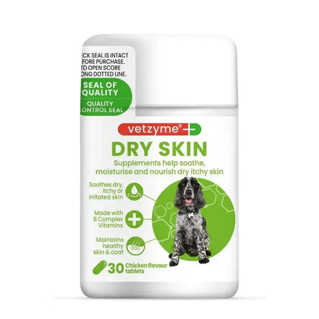 White plastic bottle of vetzyme dry skin supplements for dogs with evening primrose oil helps dry skin green label black and white dog