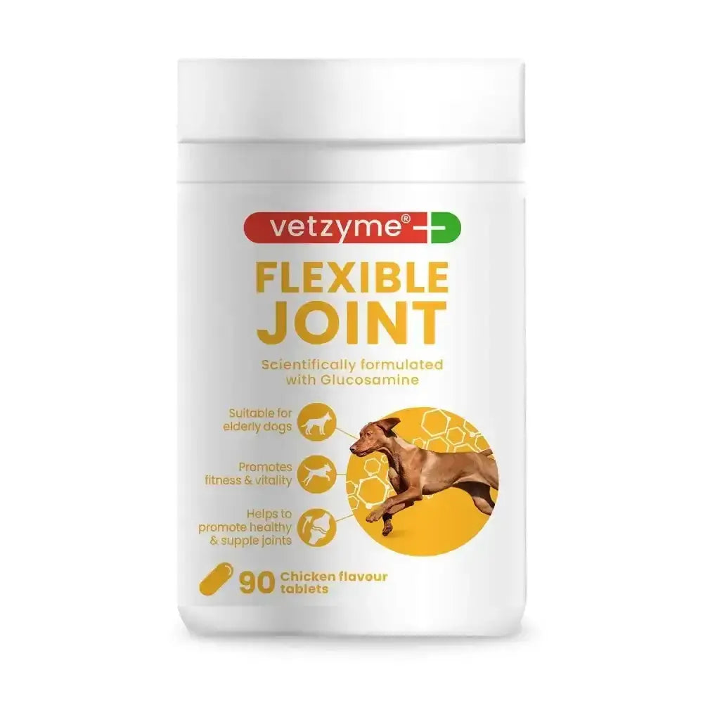 White cylindrical container of vetzyme flexible joint supplements with red green logo and yellow text to aid joint mobility in elderly dogs