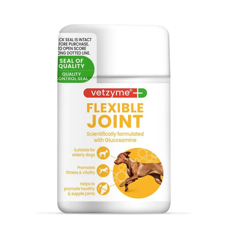 White plastic bottle of vetzyme flexible joint for dogs with green quality seal to aid joint mobility and maintain healthy cartilage